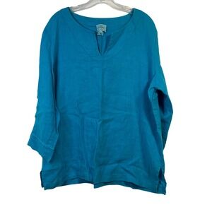 Hot Cotton by Marc Ware Turquoise 100% Linen Split Neck Tunic Top USA Made L